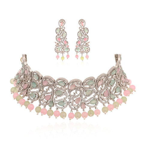 Timeless Pink Mint CZ Necklace Choker Set