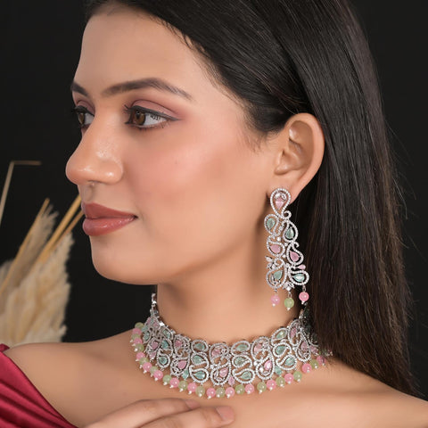 Timeless Pink Mint CZ Necklace Choker Set