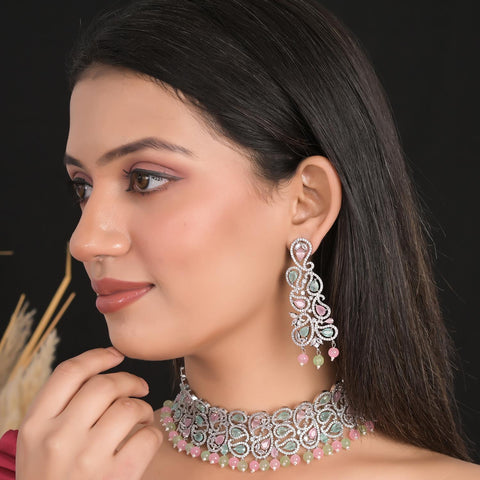 Timeless Pink Mint CZ Necklace Choker Set