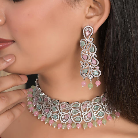 Timeless Pink Mint CZ Necklace Choker Set