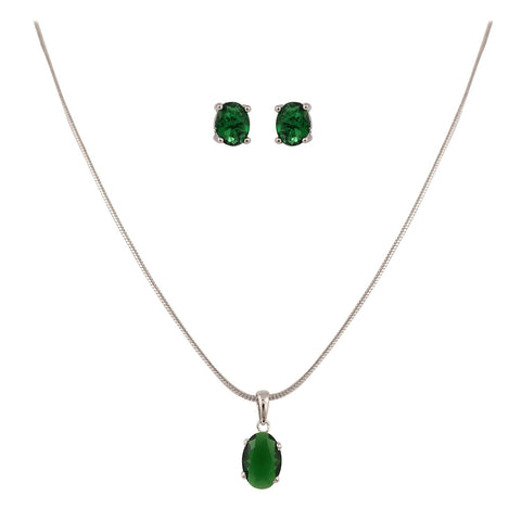 Silver Plated American Diamond CZ Green Oval Pendant Set With Earring and Chain