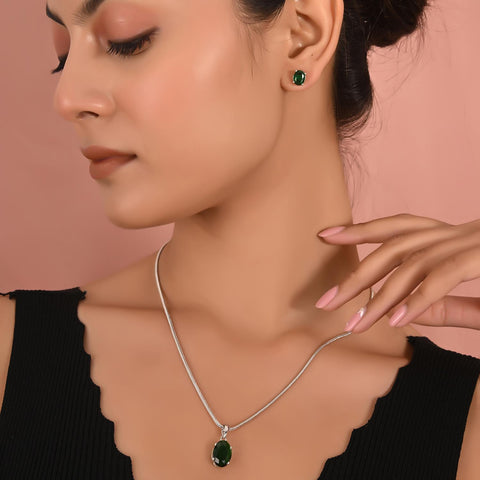 Silver Plated American Diamond CZ Green Oval Pendant Set With Earring and Chain