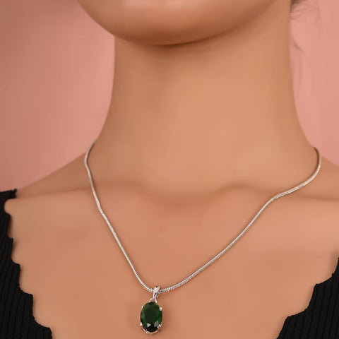 Silver Plated American Diamond CZ Green Oval Pendant Set With Earring and Chain