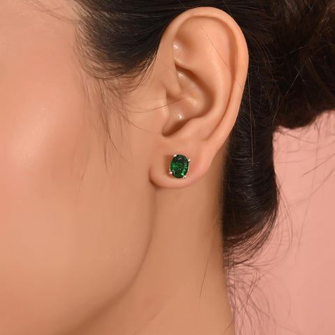 Silver Plated American Diamond CZ Green Oval Pendant Set With Earring and Chain