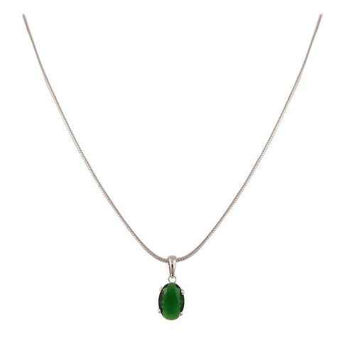 Silver Plated American Diamond CZ Green Oval Pendant Set With Earring and Chain