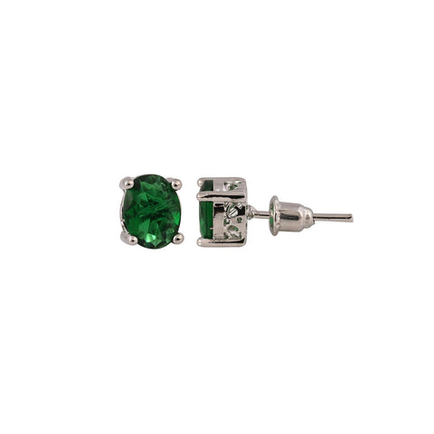 Silver Plated American Diamond CZ Green Oval Pendant Set With Earring and Chain