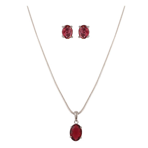 Silver Plated American Diamond CZ Red Oval Pendant Set With Earring and Chain