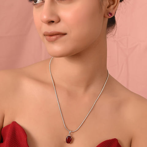 Silver Plated American Diamond CZ Red Oval Pendant Set With Earring and Chain