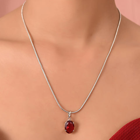 Silver Plated American Diamond CZ Red Oval Pendant Set With Earring and Chain