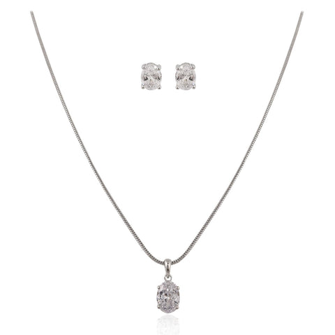 Silver Plated American Diamond CZ White Oval Pendant Set With Earring and Chain