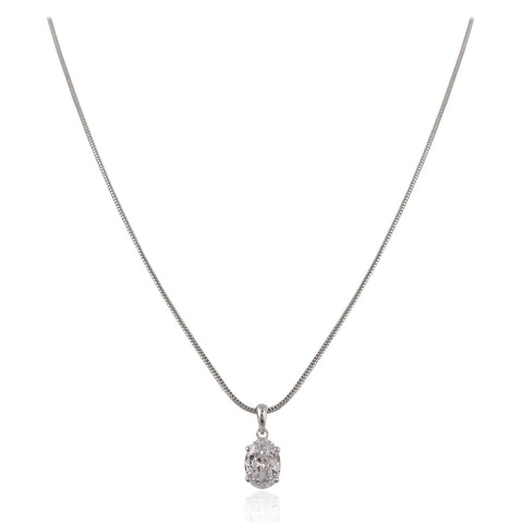 Silver Plated American Diamond CZ White Oval Pendant Set With Earring and Chain