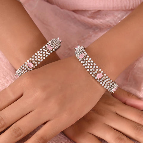 Silver Plated American Diamond CZ Pink White Traditional Kada Bangles