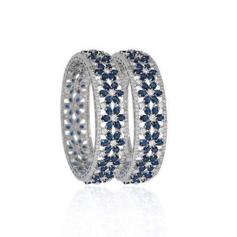 Gold & Silver Plated American Diamond CZ Blue - White Bold Floral Kada Bangles