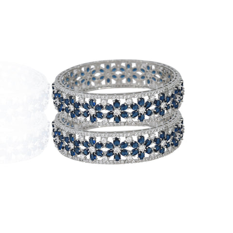 Gold & Silver Plated American Diamond CZ Blue - White Bold Floral Kada Bangles