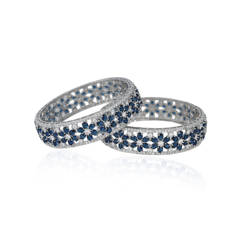 Gold & Silver Plated American Diamond CZ Blue - White Bold Floral Kada Bangles
