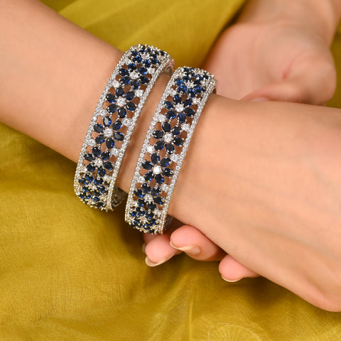 Gold & Silver Plated American Diamond CZ Blue - White Bold Floral Kada Bangles