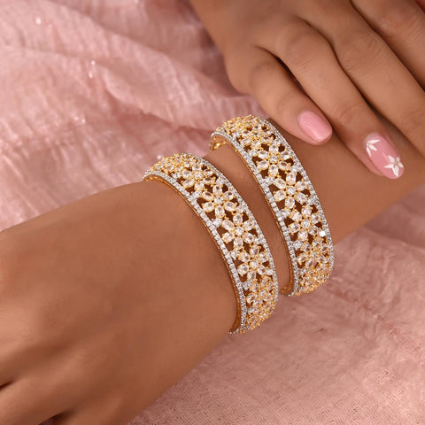 Gold & Silver Plated American Diamond CZ Blue - White Bold Floral Kada Bangles