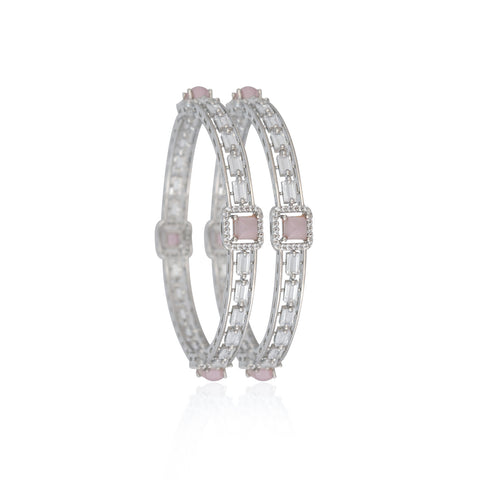 American Diamond CZ Pink Pota Stone Silver Polish Bangles