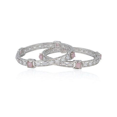American Diamond CZ Pink Pota Stone Silver Polish Bangles