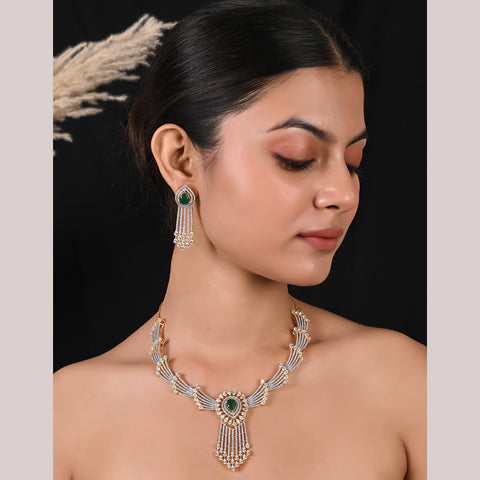 Timeless Classic Silver Plated Green American Diamond CZ Long Wedding Necklace Set