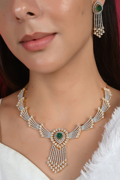 Timeless Classic Silver Plated Green American Diamond CZ Long Wedding Necklace Set