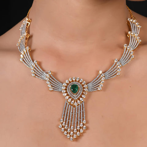 Timeless Classic Silver Plated Green American Diamond CZ Long Wedding Necklace Set