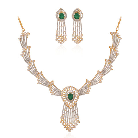 Timeless Classic Silver Plated Green American Diamond CZ Long Wedding Necklace Set
