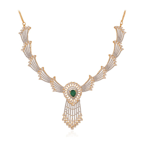 Timeless Classic Silver Plated Green American Diamond CZ Long Wedding Necklace Set