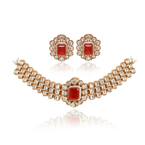 Gold Plated Green & Red  Kundan CZ Choker Chic Wedding Necklace Set With Earring