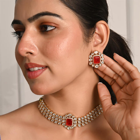 Gold Plated Green & Red  Kundan CZ Choker Chic Wedding Necklace Set With Earring