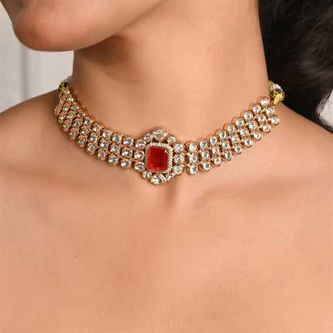 Gold Plated Green & Red  Kundan CZ Choker Chic Wedding Necklace Set With Earring
