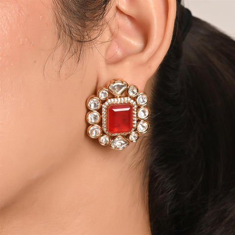 Gold Plated Green & Red  Kundan CZ Choker Chic Wedding Necklace Set With Earring