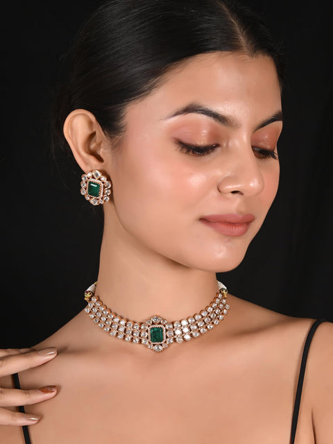 Gold Plated Green Kundan CZ Choker Chic Wedding Necklace Set With Earring