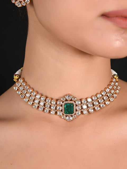 Gold Plated Green Kundan CZ Choker Chic Wedding Necklace Set With Earring