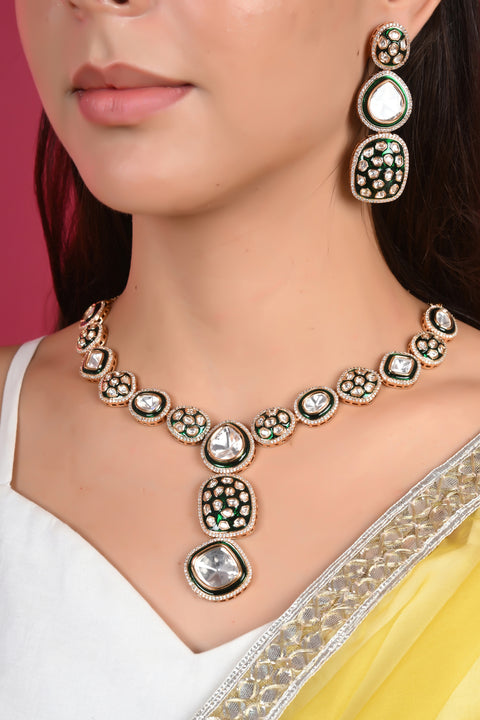 Gold Plated Green Enamel Kundan Polki Drop Wedding Necklace Set With Earring