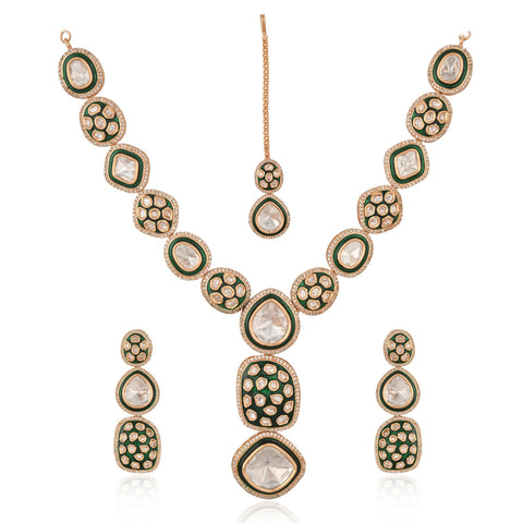 Gold Plated Green Enamel Kundan Polki Drop Wedding Necklace Set With Earring