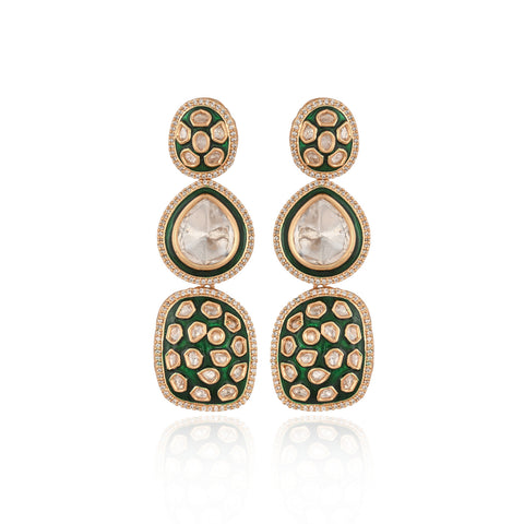 Gold Plated Green Enamel Kundan Polki Drop Wedding Necklace Set With Earring