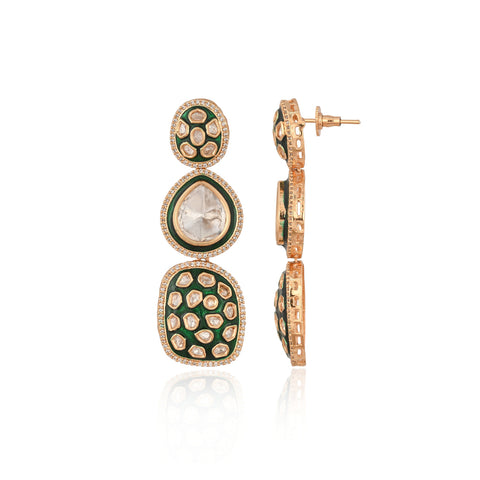 Gold Plated Green Enamel Kundan Polki Drop Wedding Necklace Set With Earring