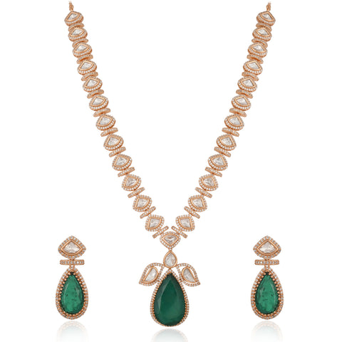 Gold Plated Green Emerald Kundan CZ  Drop Wedding Necklace Set With Earring