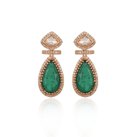 Gold Plated Green Emerald Kundan CZ  Drop Wedding Necklace Set With Earring