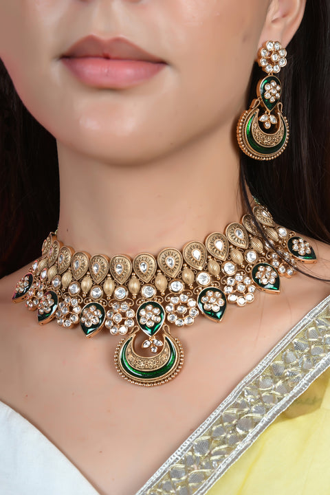 Matt Gold Plated Green Enamel Kundan Polki Drop Wedding Necklace Set With Earring