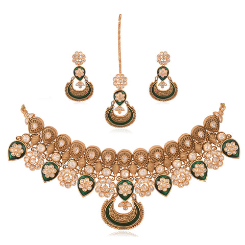 Matt Gold Plated Green Enamel Kundan Polki Drop Wedding Necklace Set With Earring
