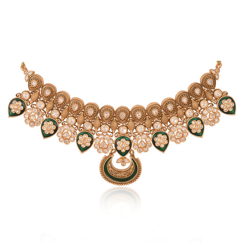 Matt Gold Plated Green Enamel Kundan Polki Drop Wedding Necklace Set With Earring