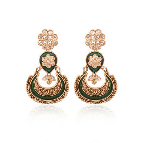 Matt Gold Plated Green Enamel Kundan Polki Drop Wedding Necklace Set With Earring
