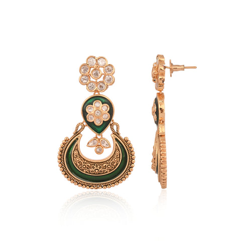 Matt Gold Plated Green Enamel Kundan Polki Drop Wedding Necklace Set With Earring