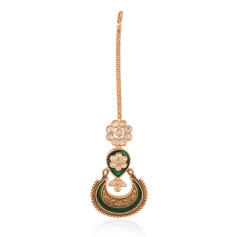 Matt Gold Plated Green Enamel Kundan Polki Drop Wedding Necklace Set With Earring