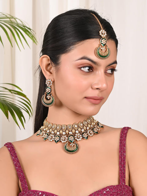 Matt Gold Plated Green Enamel Kundan Polki Drop Wedding Necklace Set With Earring
