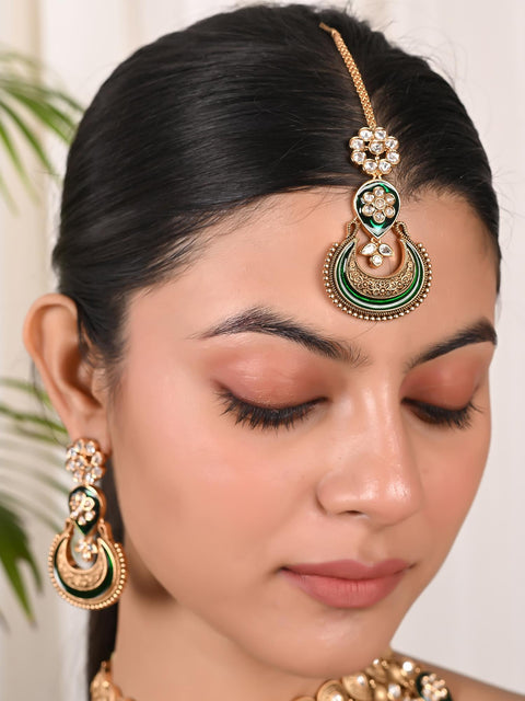 Matt Gold Plated Green Enamel Kundan Polki Drop Wedding Necklace Set With Earring