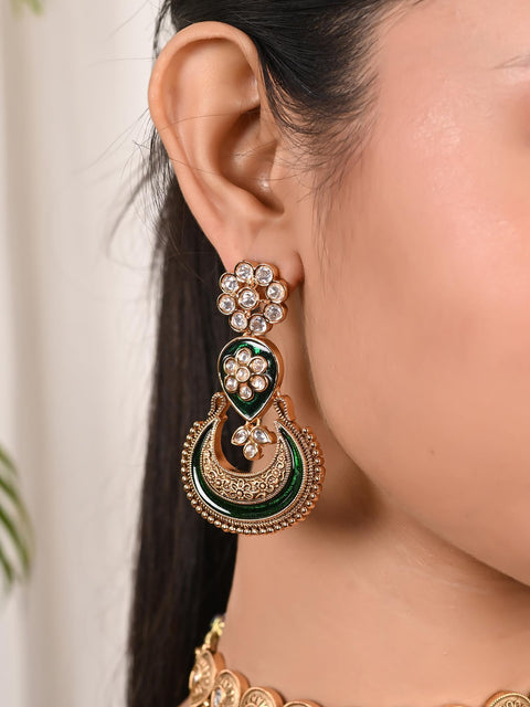 Matt Gold Plated Green Enamel Kundan Polki Drop Wedding Necklace Set With Earring