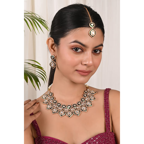 Gold Plated Green Enamel Kundan Bridal Wedding Necklace Set With Earring